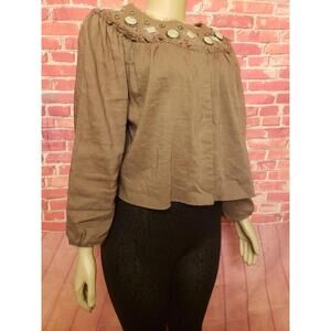 ELIE TAHARI Lt Size L Brown Linen Blend Embellished, Pleated Women's Jacket. #C